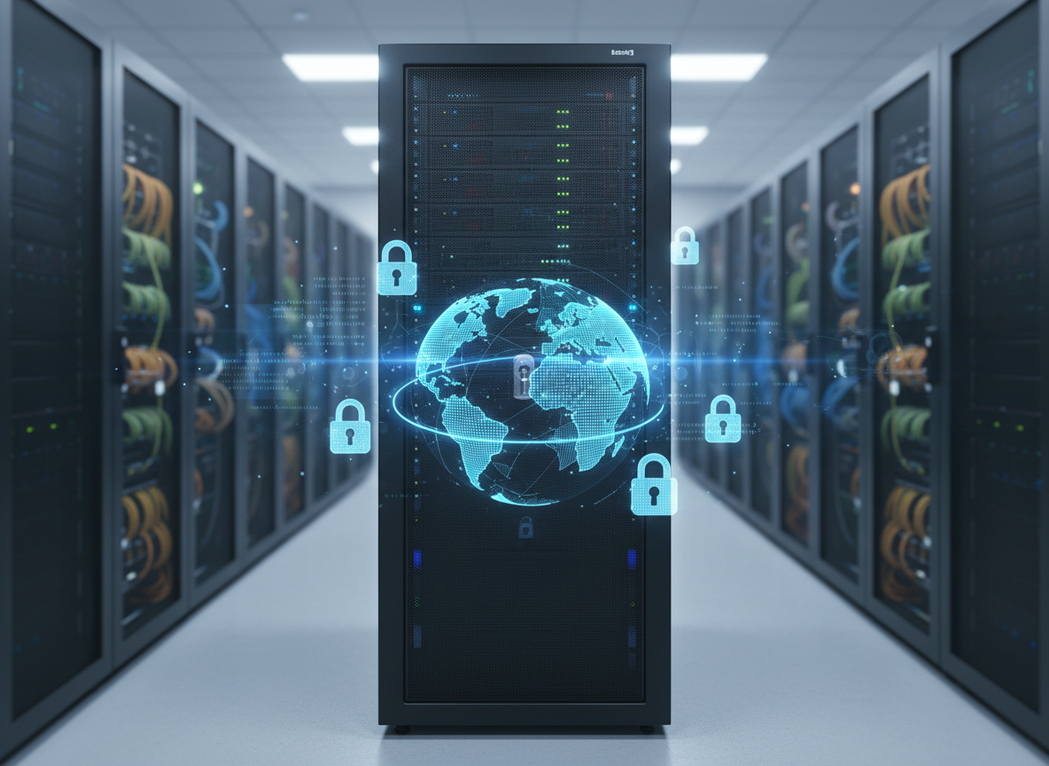 A sleek, locked black server rack with glowing blue status lights stands in the center of a dim, ultra-modern data center. Around it, other racks blur softly into the background, filled with neatly organized cabling and faintly pulsing LEDs. Cool, diffused overhead lighting reflects subtly off brushed metal surfaces, creating a calm yet vigilant atmosphere. A transparent, holographic-style overlay of a world map and floating padlock icons appears in front of the main rack, sharply in focus. Photographic realism, eye-level composition, shallow depth of field, emphasizing clarity, control, and professional cyber risk management.